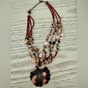 Abalone Shell Medallion on Multi-Strand Shells and Coral Beads